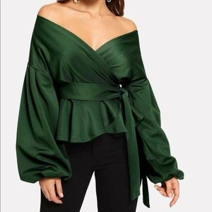 SHEIN Lantern Sleeve Belted Peplum Blouse - XS